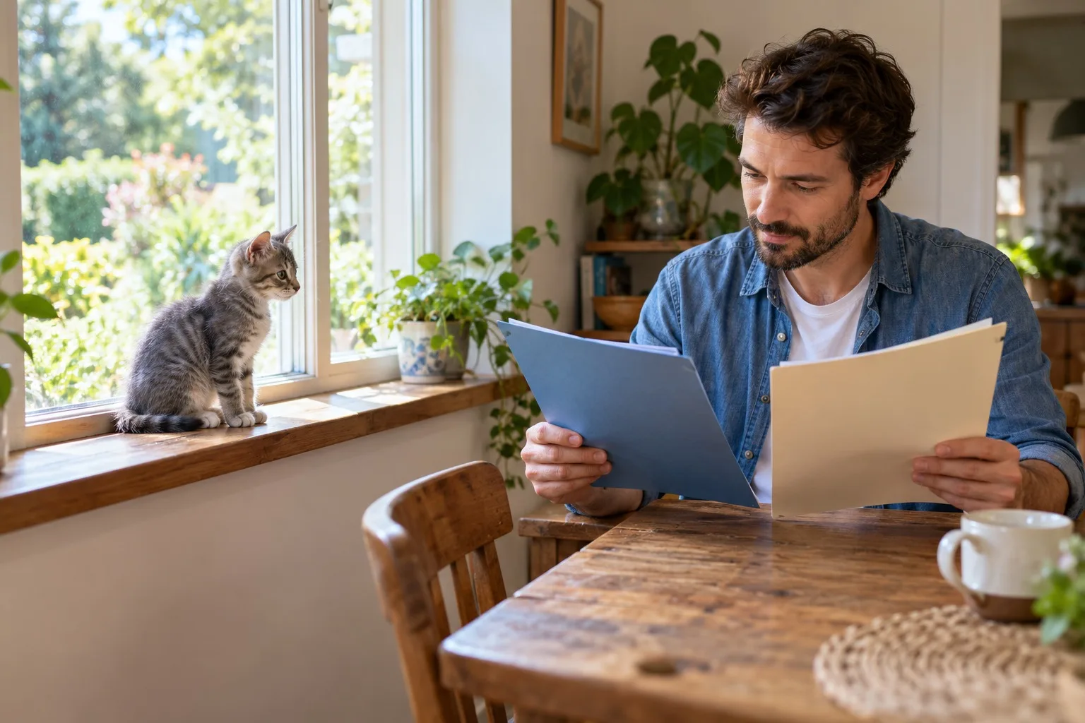 A man reading documents beside a kitten on a window table